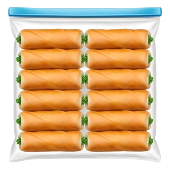 Thai spring rolls in a zipper bag, ready for the freezer
- the spring rolls should not be too orange, their colour should be like dough
- arrange them in two rows of five spring rolls inside the zipper bag sticker