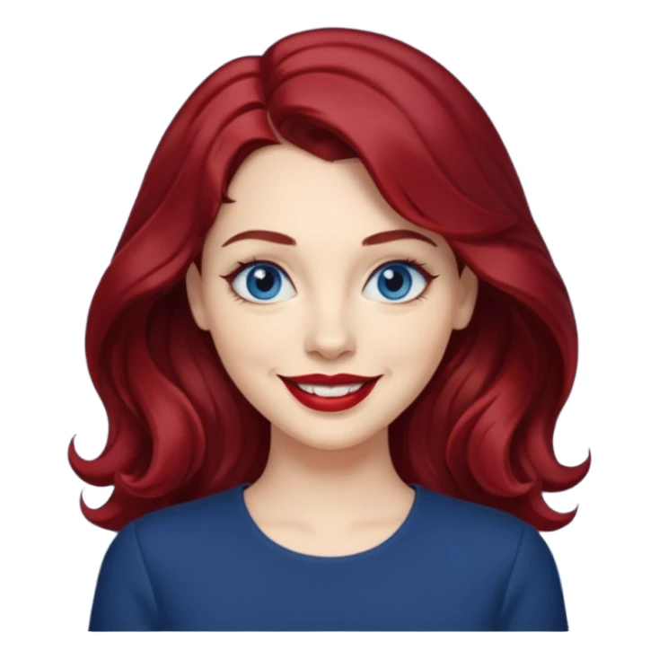 Create a custom emoji-style character inspired by a smiling woman with medium length, wavy dark red hair, light skin tone, and dark blue eyes. Emphasize a mischievous expression with a bright smile. sticker