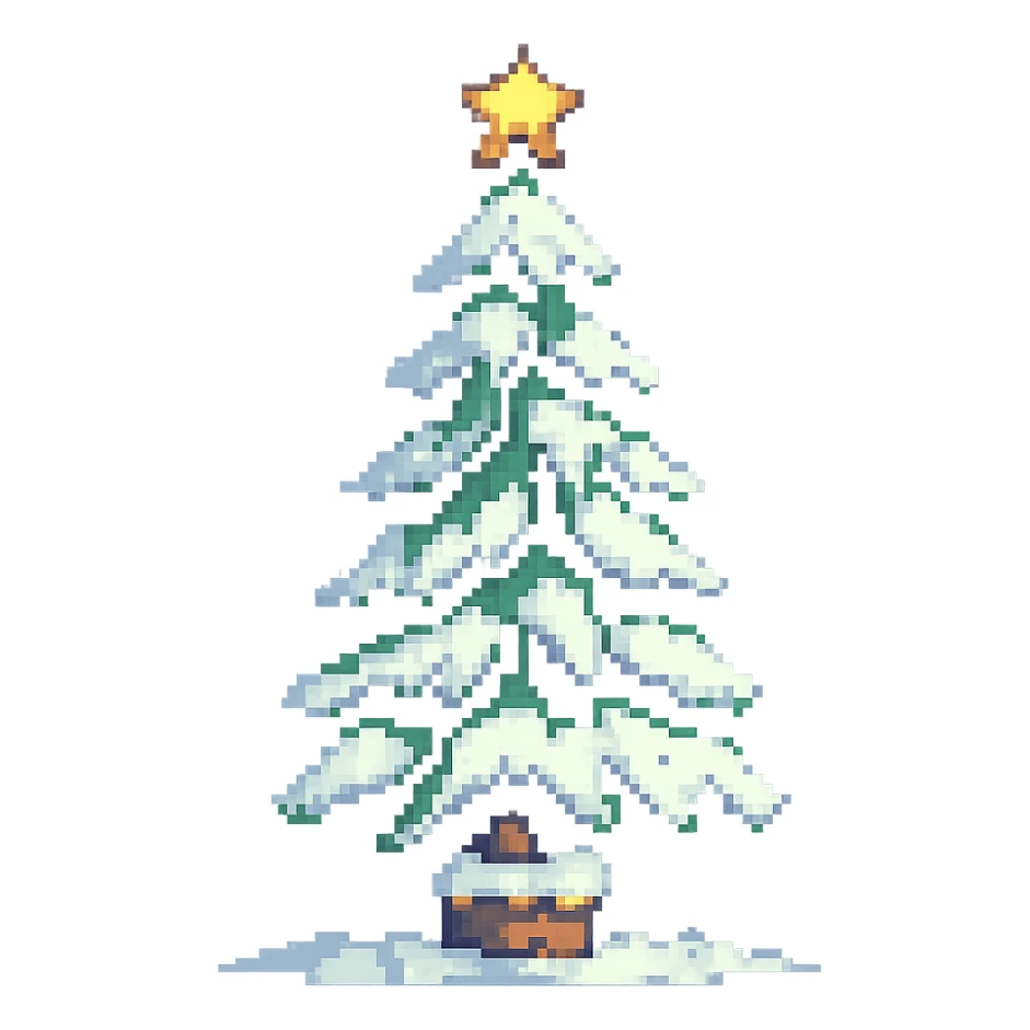 Christmas tree with snow in the style of pixel art sticker
