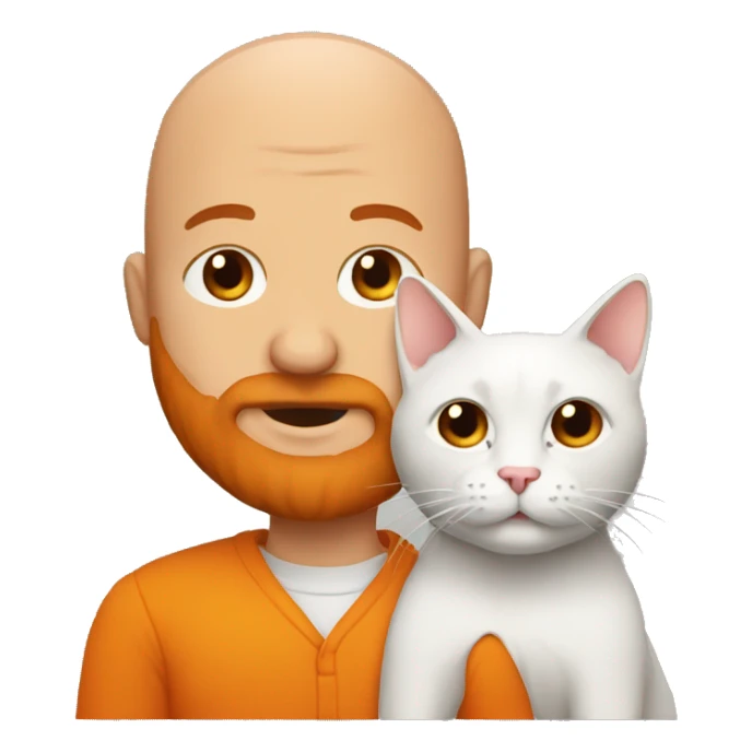 A bald man with a big orange beard holding a cat sticker