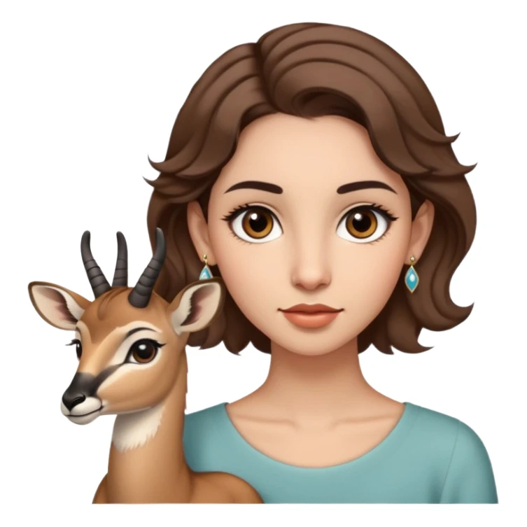 A girl with short wavy brown hair reaching her shoulders, straight eyebrows, big brown eyes, slightly kohled with long eyelashes, a normal nose, a normal mouth, and I want her holding a small gazelle and wearing delicate earrings.  sticker