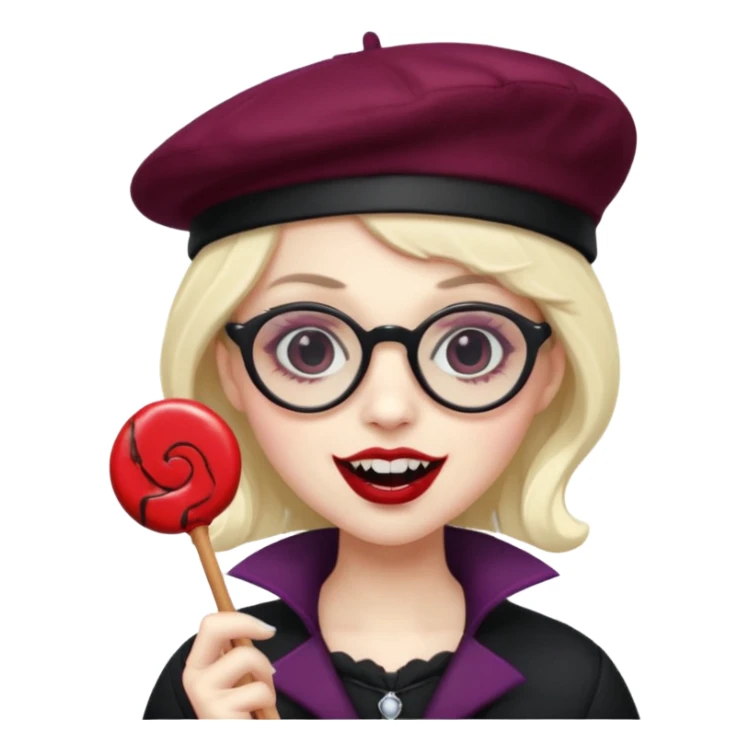 Vampire with lollipop, beret and glasses, teeth looks like vampire sticker