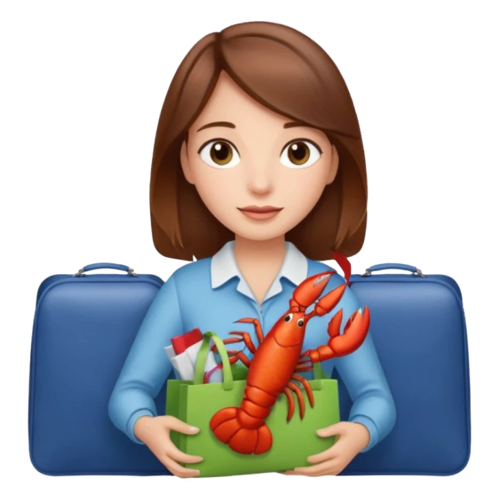 Cute girl brown hair on plane holding gift bag with lobster inside sticker