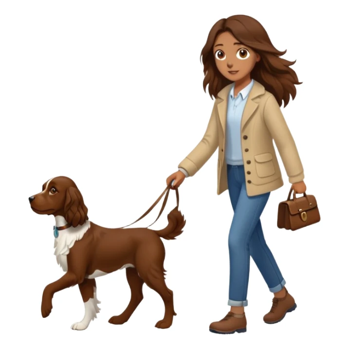 A girl with long brown hair walks a brown springer spaniel sticker