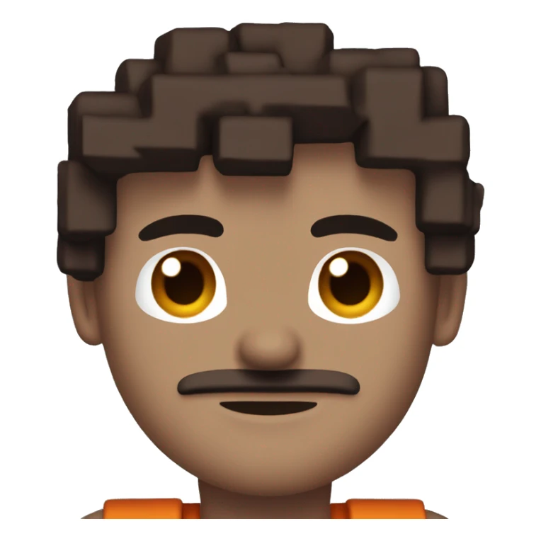 This blocky pixel art character has a large square head, dark brown hair, and a neutral expression. The body features a burgundy outfit with an orange-red pattern and blue detail, with brown arms and small dark legs. sticker