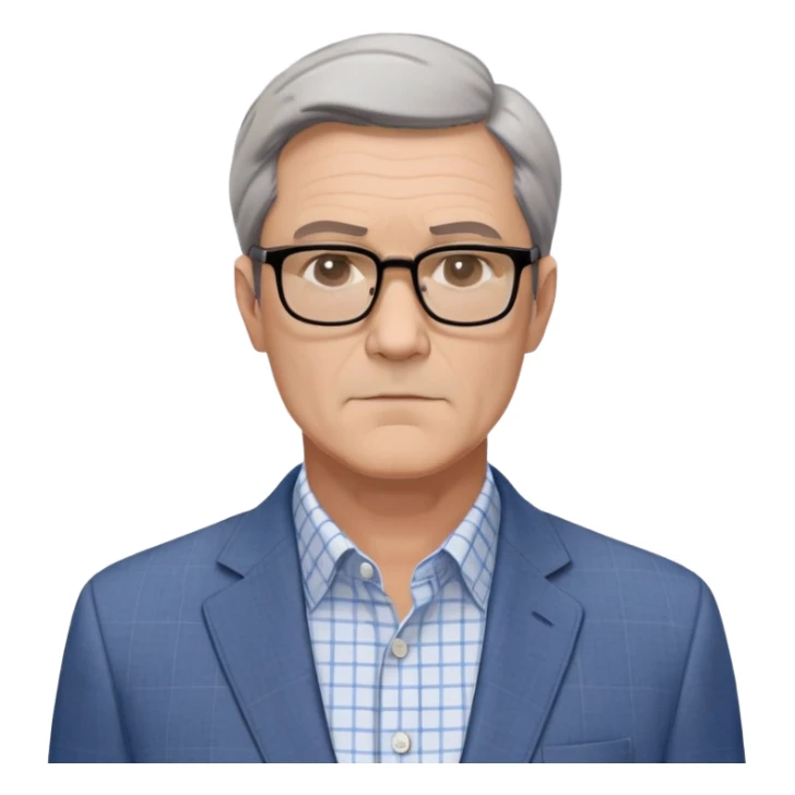 Middle-aged man around 50, square face with slight wrinkles, large dark square-framed glasses, short straight hair with subtle graying and side part. Composed serious expression. Wearing a light gray blazer over a white button-up shirt with blue checkered pattern. sticker
