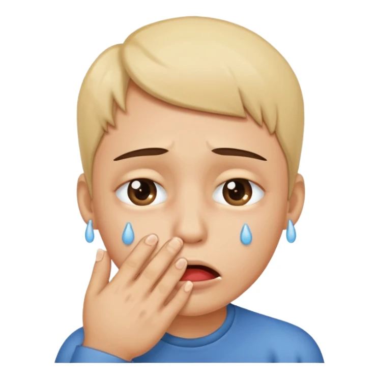 His eyes fill with tears and he bites his hand sticker