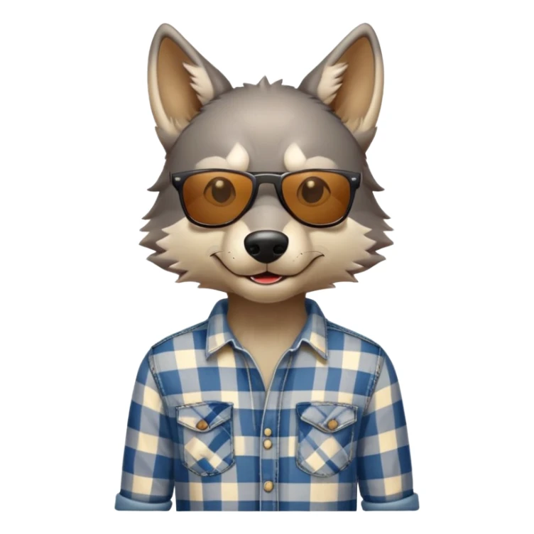 head and shoulders friendly anthropomorphised wolf in plaid shirt and jeans, wearing dark sunglasses, upright pose sticker