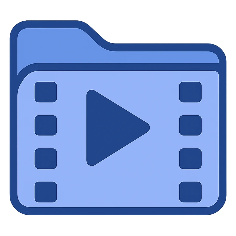 Create a video folder icon in flat blue clip art style using three blue shades from the palette. The icon should be minimal with a folder shape featuring a play button and filmstrip details. No text. Match the style of previous blue folder icons shown in the references. sticker