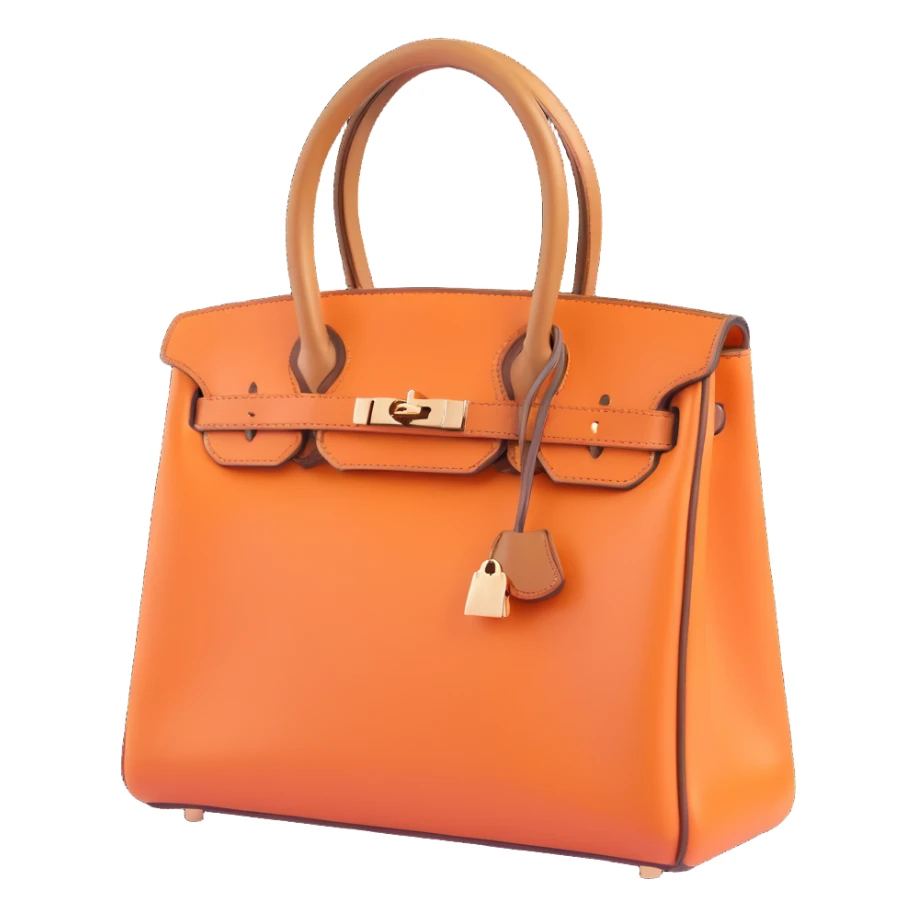 single dice, 3D, brown camel leather texture, Hermès orange edge piping, luxury style, no text sticker