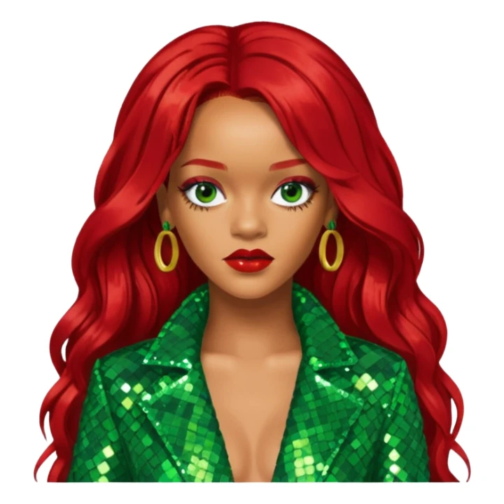 Rihanna with long red hair, green sequin outfit sticker