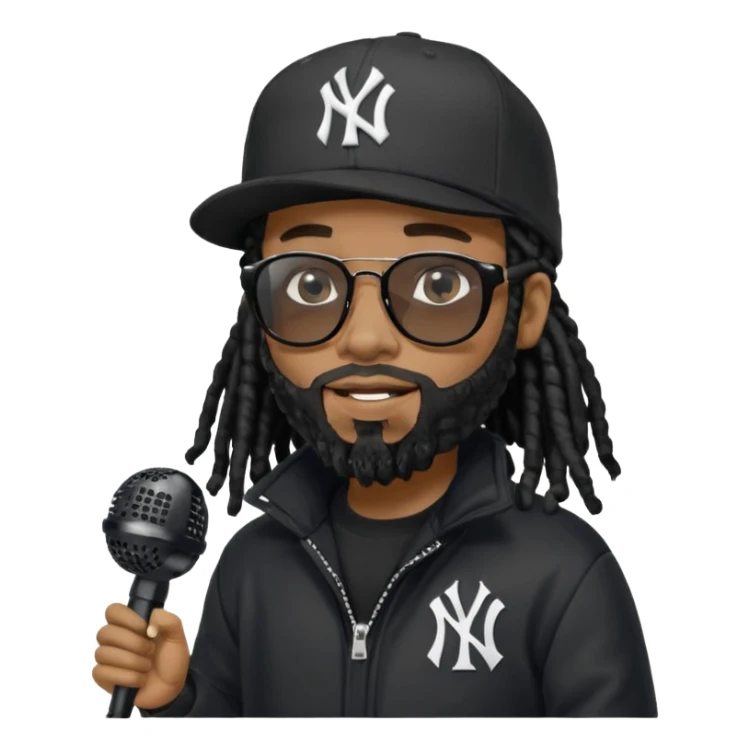 African American man with beardwith shoulder length black dreadlocks wearing black sunglasses with black bubble winter coat wearing black New York Yankees baseball hat rapping into a microphone sticker