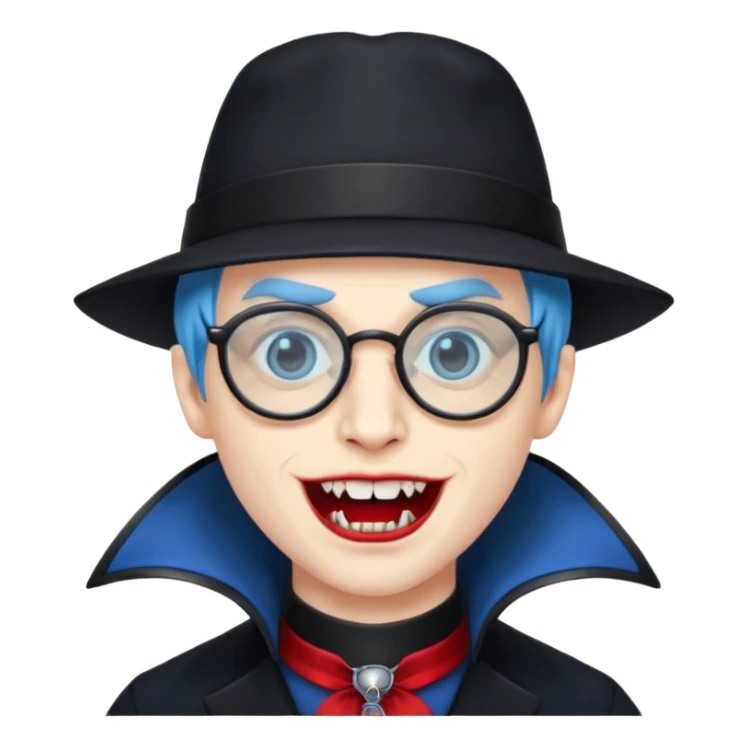 
vampire with blue hat,black coat with read collared ,teeth looks like vampire, with glasses sticker