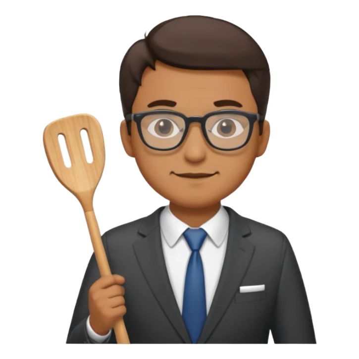 man standing with glasses wearing a suit and holding a spatula sticker