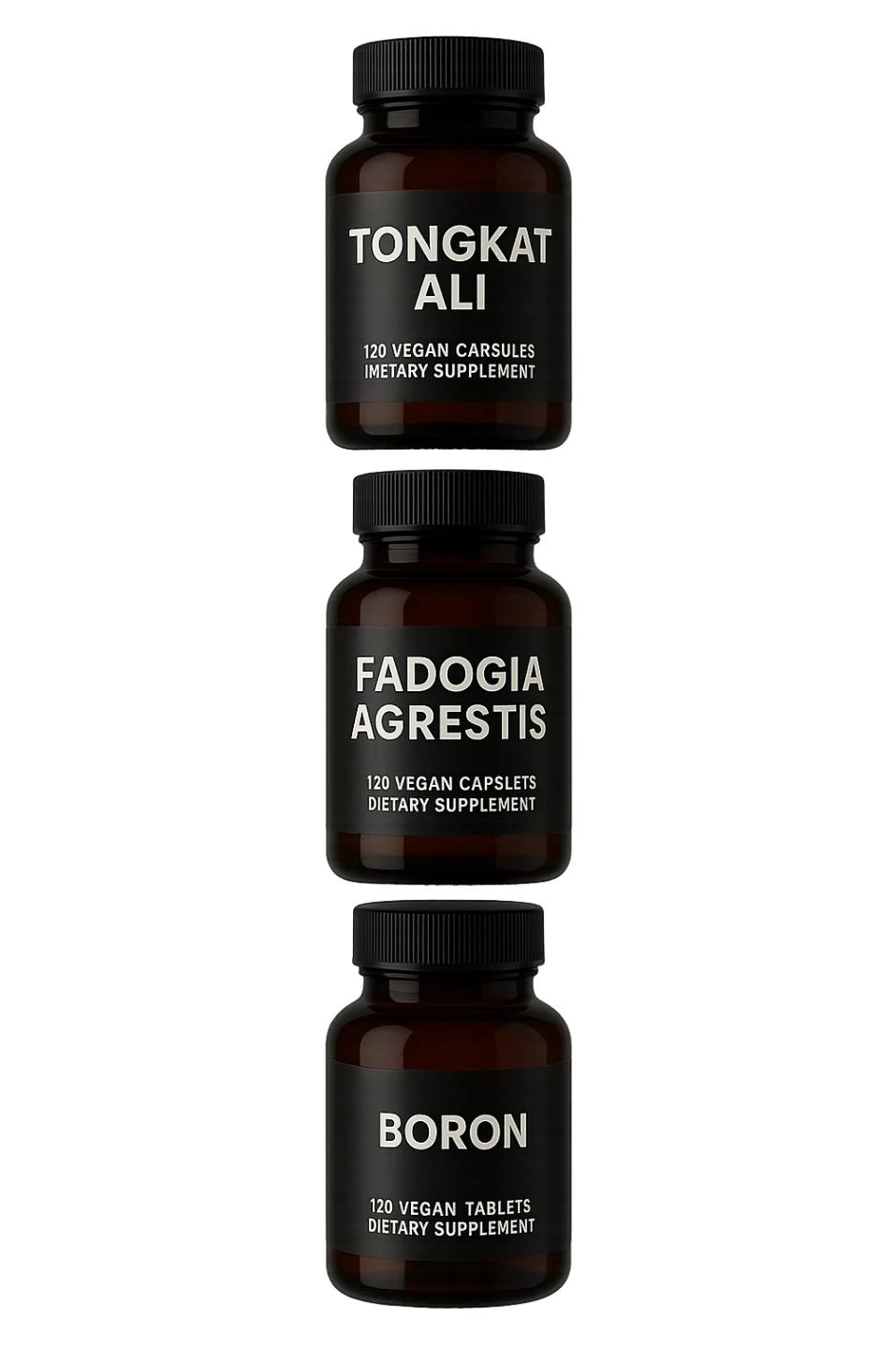 4 boccette di integratore: Tongkat Ali, Fadogia Agrestis, Boron e Zinco fluttuano in aria verticalmente sticker