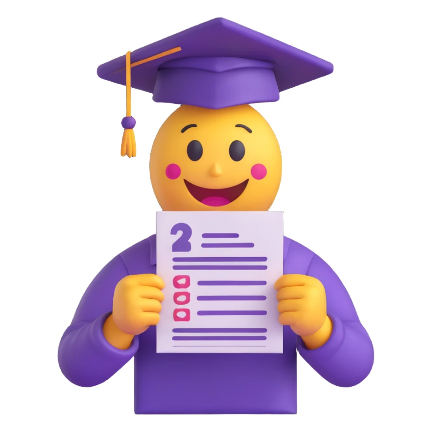 3D smiley emoji, round shape, student with exam paper, purple color, nervous face sticker