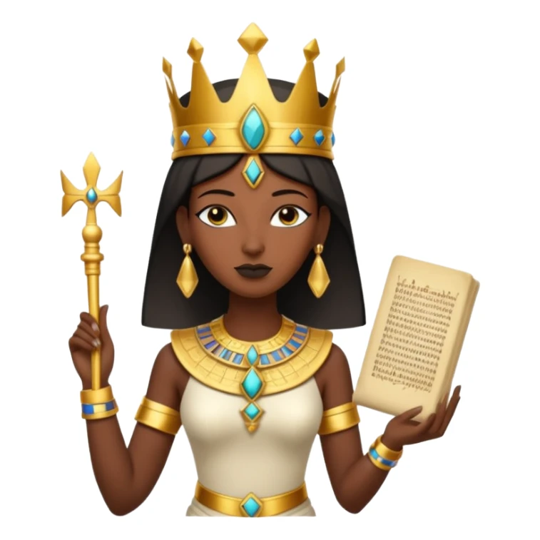 A graceful pharaoh queen wearing a tall crown, elegant posture, and holding a small sacred scroll.
 sticker