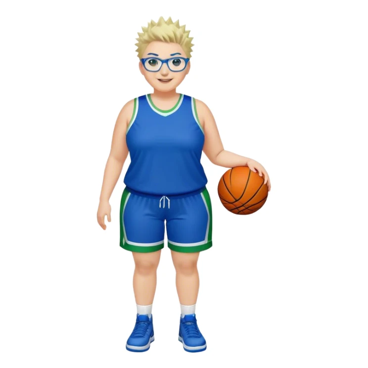 Full Body plus size white female with short spike hair wearing blue glasses basketball player wearing blue green uniform smiling sticker