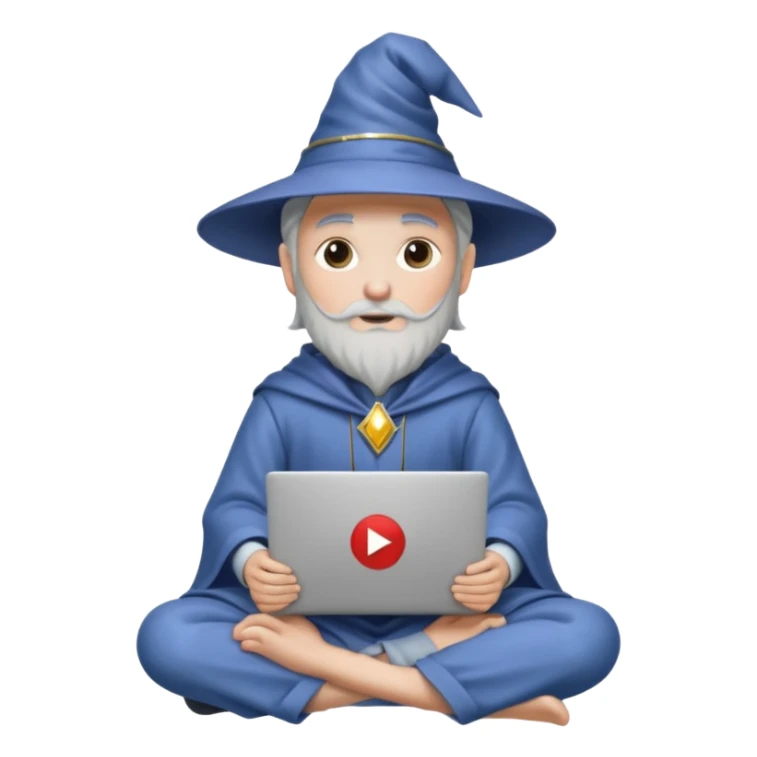 A wizard sitting with a laptop on his lap, the laptop looking like a Mac but with the YouTube logo on it sticker