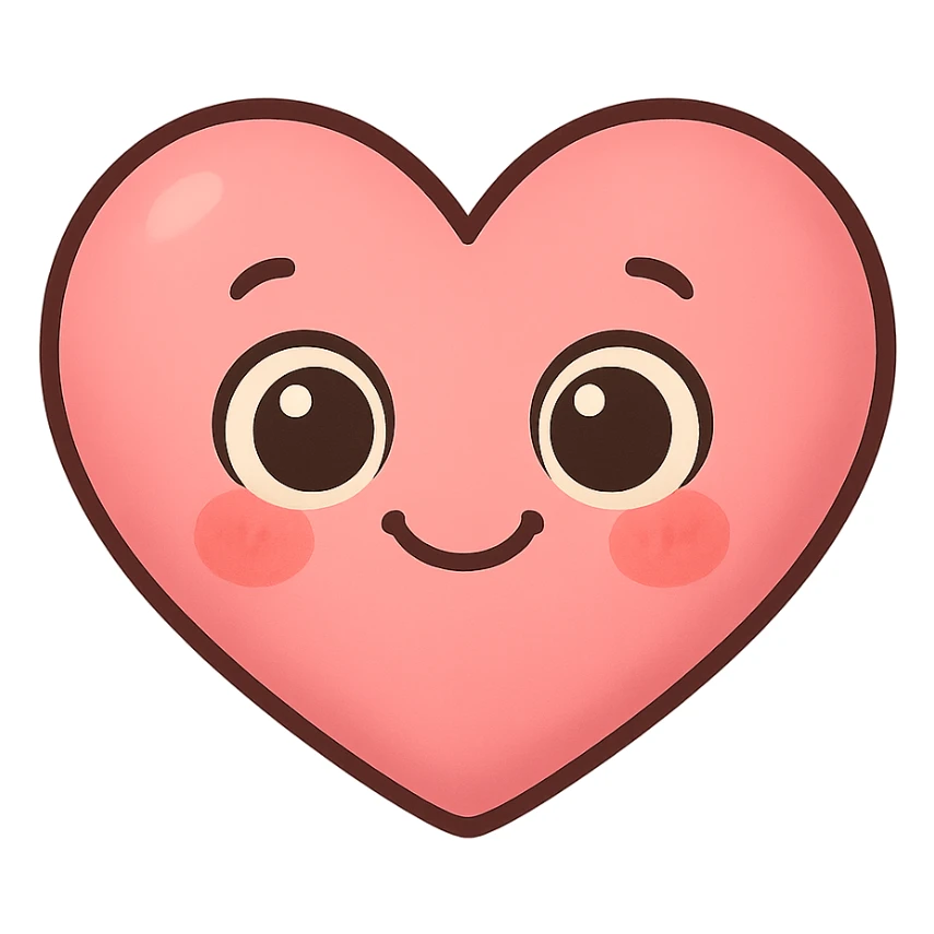 a new cute pink emoji, heart-shaped, big eyes, smiling, blushing cheeks sticker