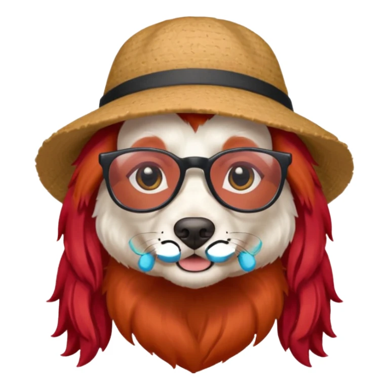 white dog with very red long hair and glassess and hat sticker