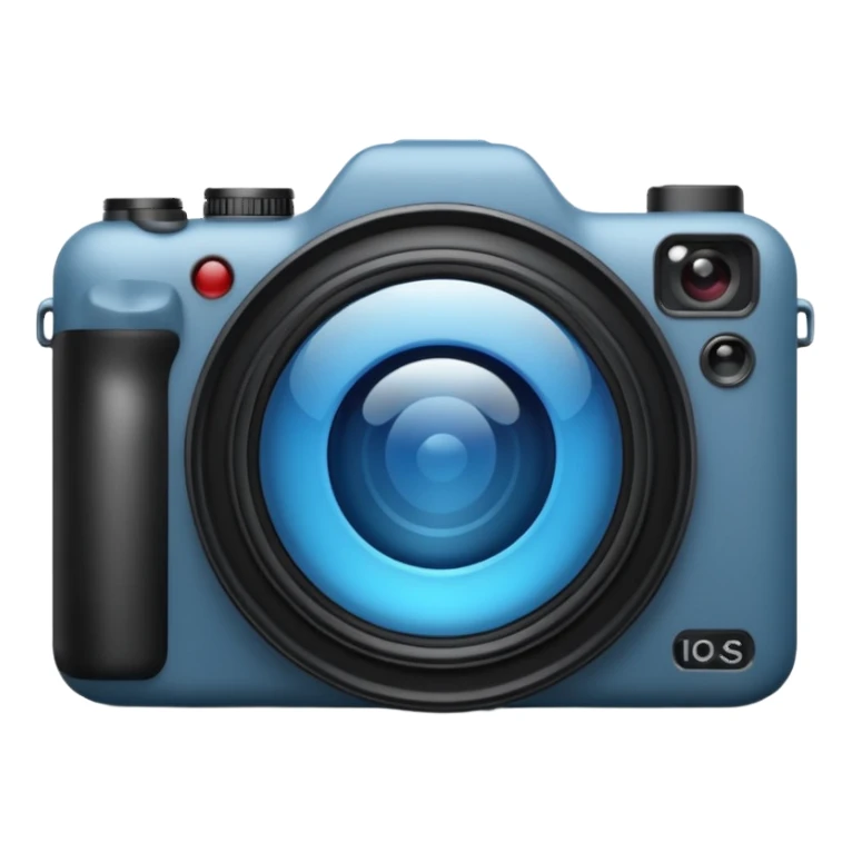 A minimalistic emoji of a camera in Apple iPhone emoji style. Flat design, smooth gradients, rounded edges, soft shadows, high resolution, clean and simple look. Neutral gray and black tones with a blue lens reflection. White background, no text sticker