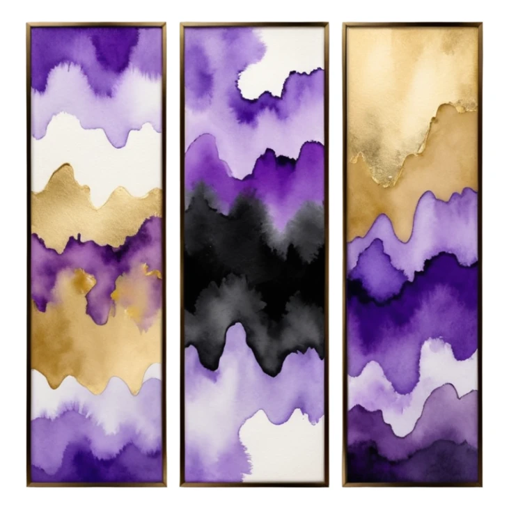 Black, white, gold, purple, abstract Watercolor paintings on three canvases next to each other  sticker