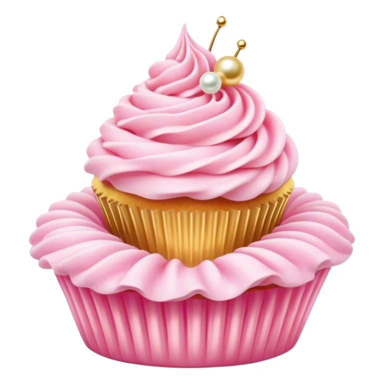 Cinematic Realistic Pink Cupcakes, fluffy pastel pink frosting swirled elegantly on top of golden cupcakes, tiny edible pearls adding a delicate touch, soft warm lighting creating a dreamy atmosphere, glowing with sweetness and charm. sticker