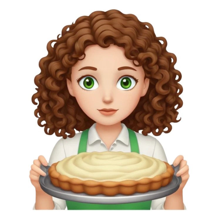 white girl with curly brown hair and green eyes is baking sticker