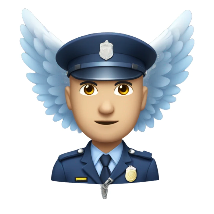A WHITE Police man bald with blue uniform with Big ANGEL WINGS sticker