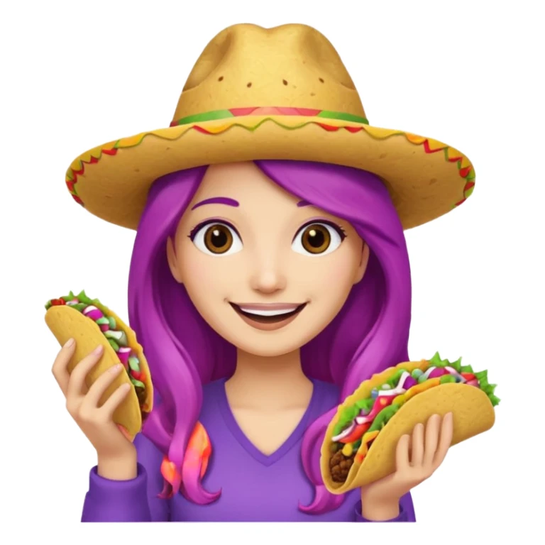 woman holding taco with purple long hair and hat on head sticker
