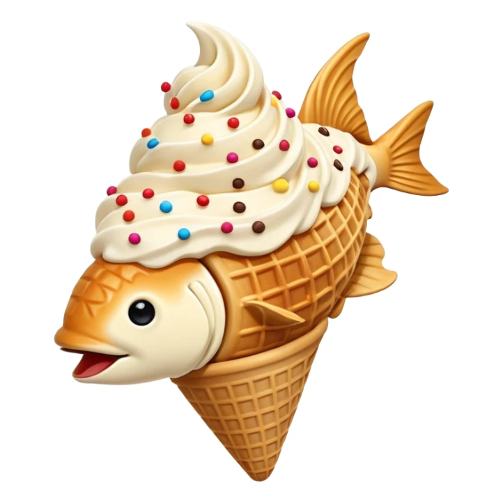 Taiyaki ice cream cone, fish-shaped waffle with soft serve sticker