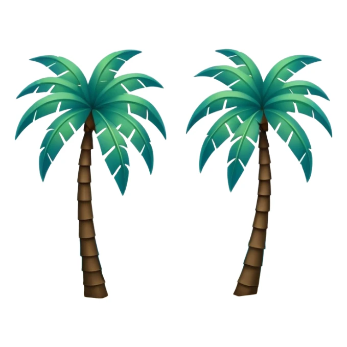 two dark green palm trees on white sand, a little azure water around the sand, minimalism, iOS emoji style, transparent background, no smileys or faces sticker