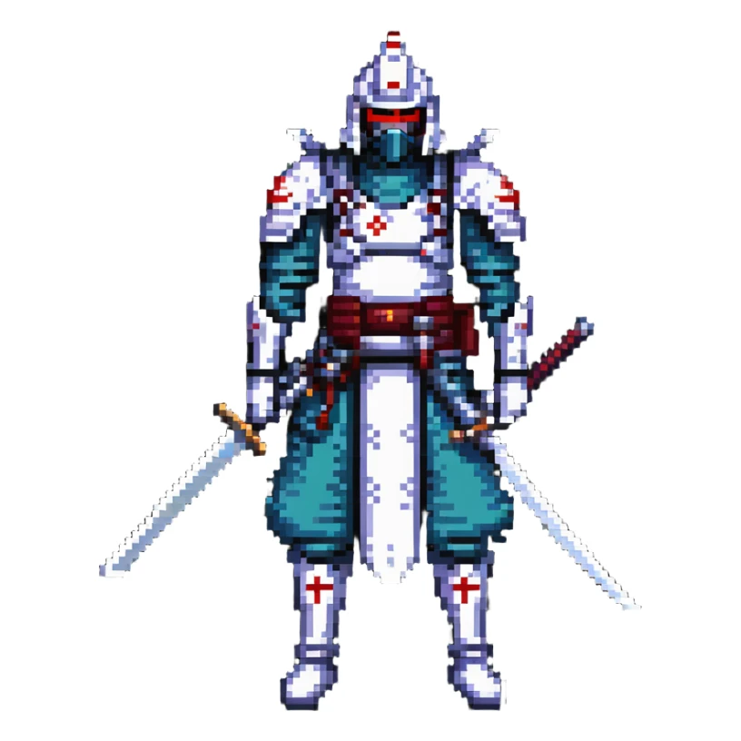 battle-ready male cyborg samurai nomad with digital katana sticker