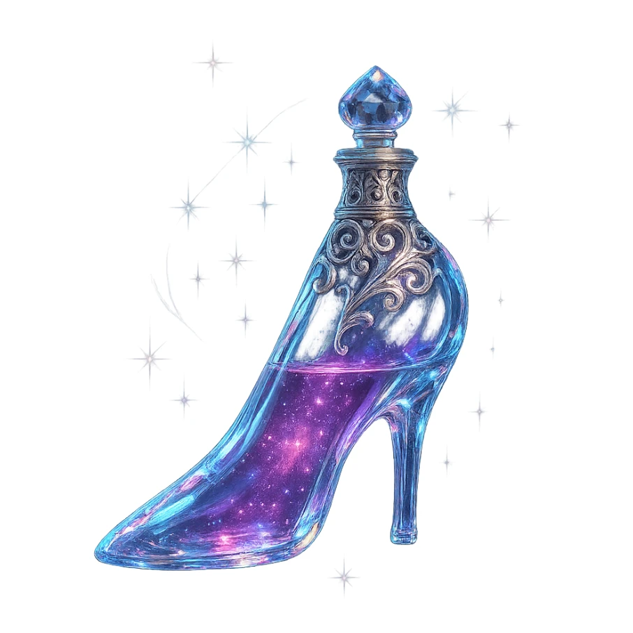 luxurious crystal elixir bottle in slipper shape, elegant color palette, ornate silver and iridescent details, magical glowing and sparkling effects, very small neck, seamless bottom, transparent background, bottle clearly floating in air, no base or shadow, modern, collection style sticker
