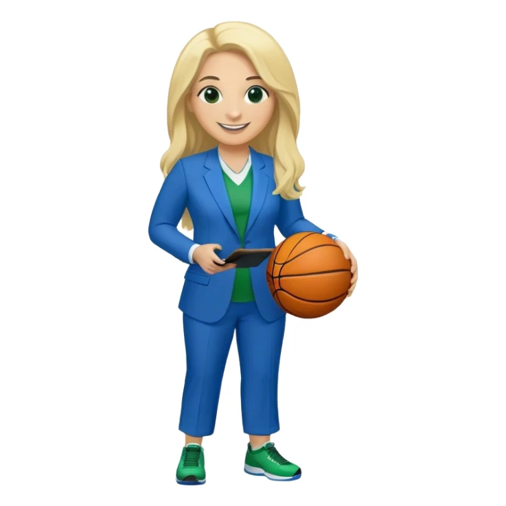 Full Body white plus size female with big nose basketball head coach using a clipboard with long blonde hair in a blue and green suit smiling with basketball and clipboard sticker