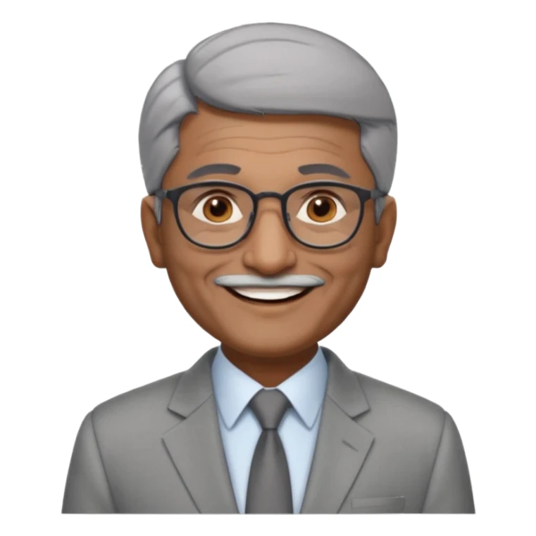 60 yr old indian man, short straight dark grey hair brushed foreward , light grey business suit, big smile, dark brown skin, no moustache, dark brown eyes, glasses
 sticker