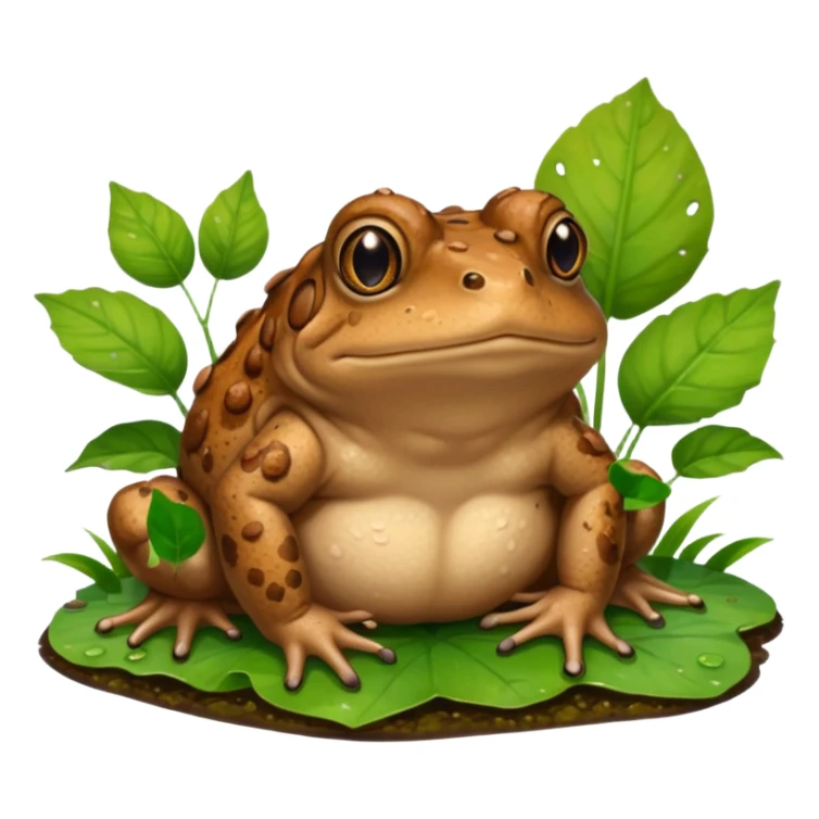 A brown toad sitting on wet ground near a pond, rough bumpy skin, natural light, green leaves around, realistic wildlife photo. sticker