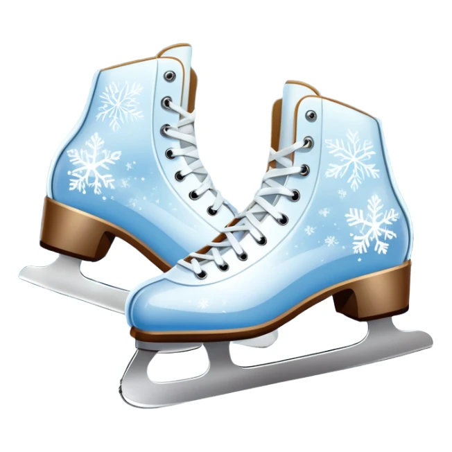 An icon showing In the background, twinkling lights, winter trees, and cheering spectators create a festive atmosphere. a pair of elegant ice skates gliding across a smooth, frozen rink with snowflakes in the air. Transparent background highlights the grace and charm of ice skating. sticker
