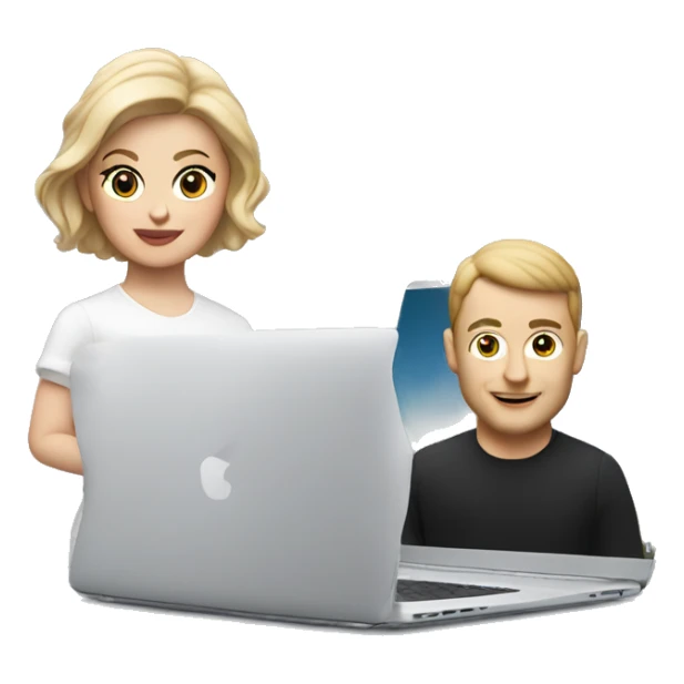 a white memoji with a french crop behind a laptop sticker
