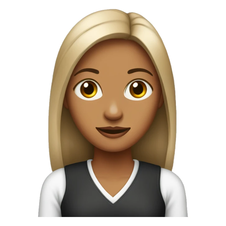 mujer parada jóven pelo largo lasio negro.ojos  marron, ropa casual. con una laptop sticker