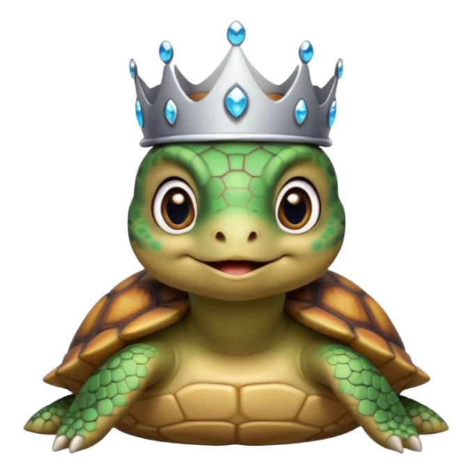 a cute domestic turtle with big eyes and with a silver tiara sticker