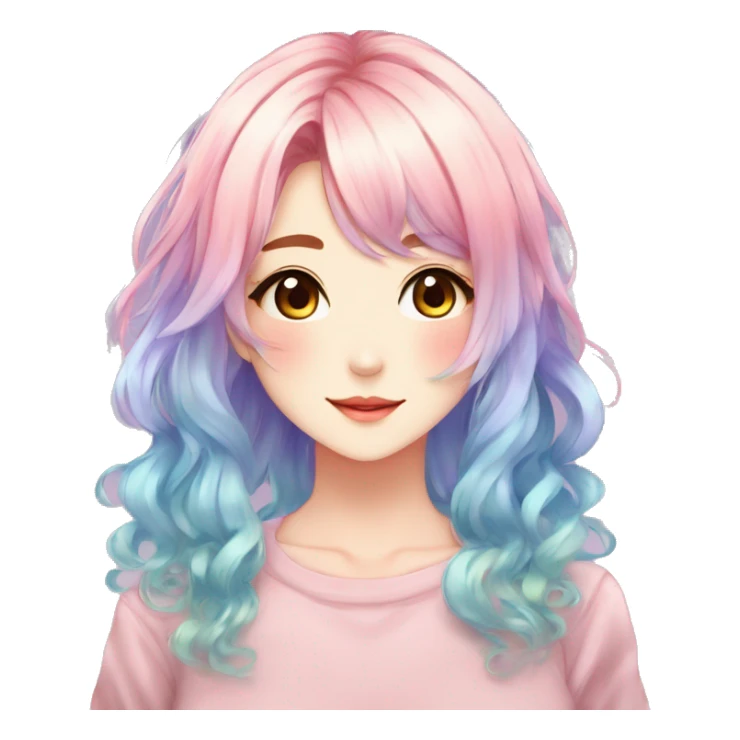 Gorgeous anime style shojo character with blushing face aesthetic and pretty colorful shiny gradient pastel hair with hair garment trending style sticker