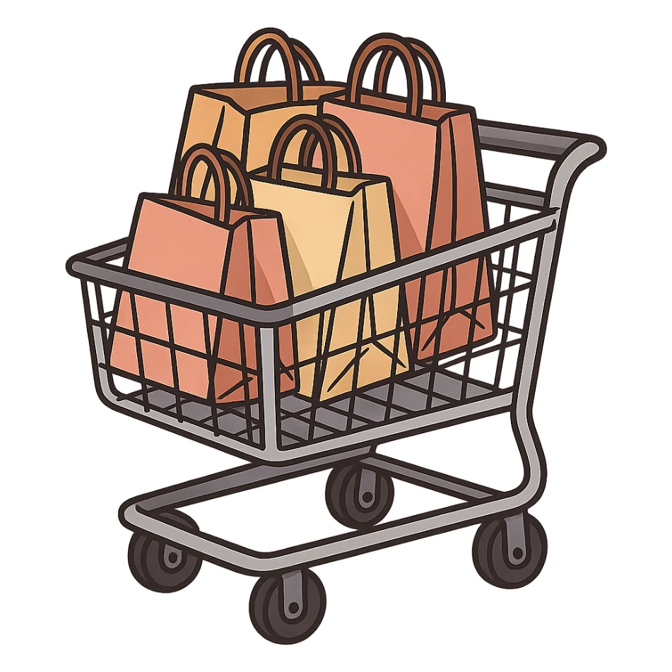 shopping cart with bags in it, flat toon style sticker