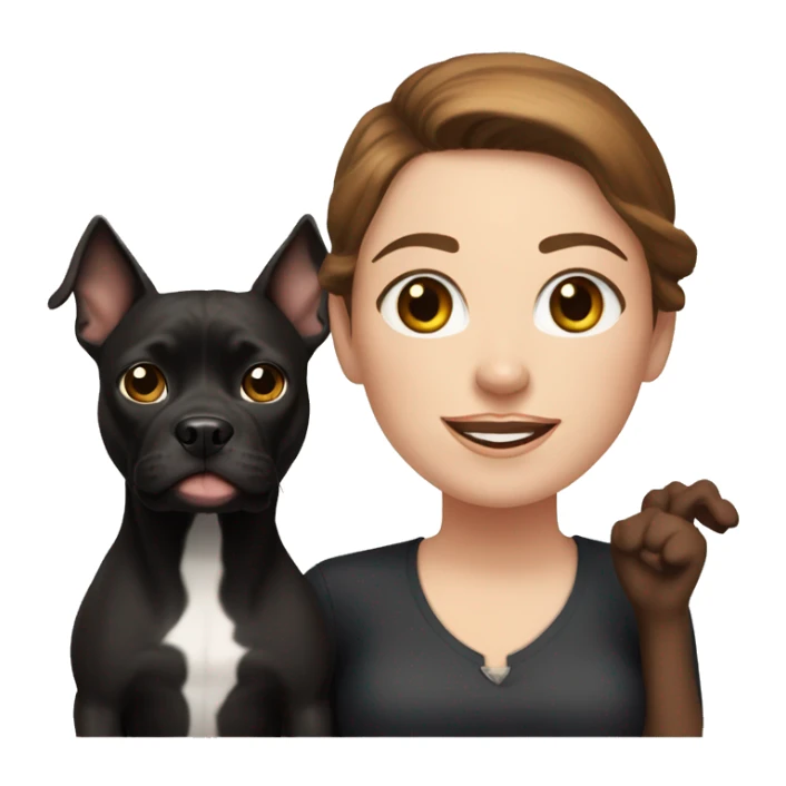 white woman with long brown hair and cat shaped eyes standing alongside a happy black pitbull  sticker