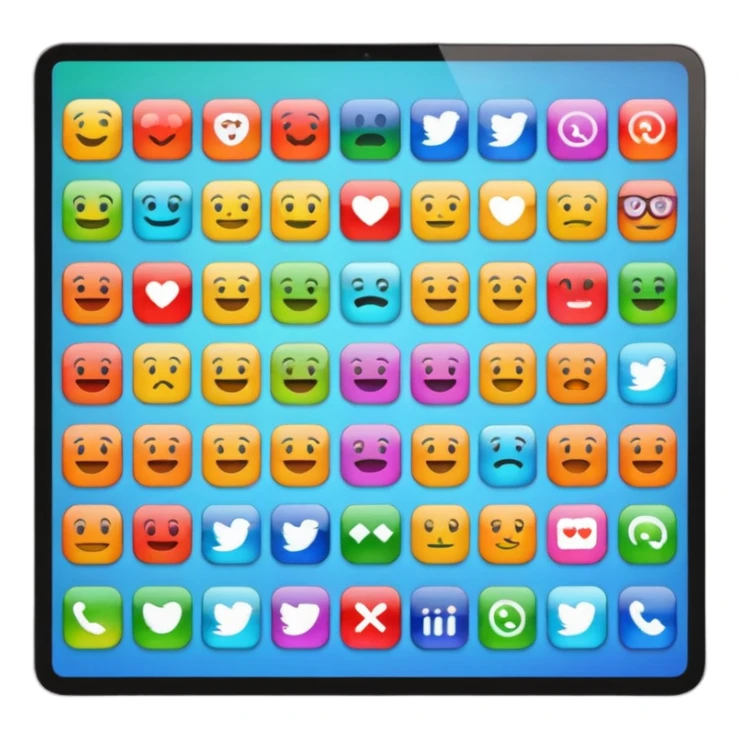 Emoji style simplified iMac screen displaying app icons in grid sticker
