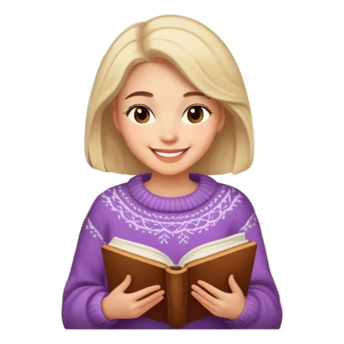 Woman wearing a cozy sweater, smiling kindly, with book sticker