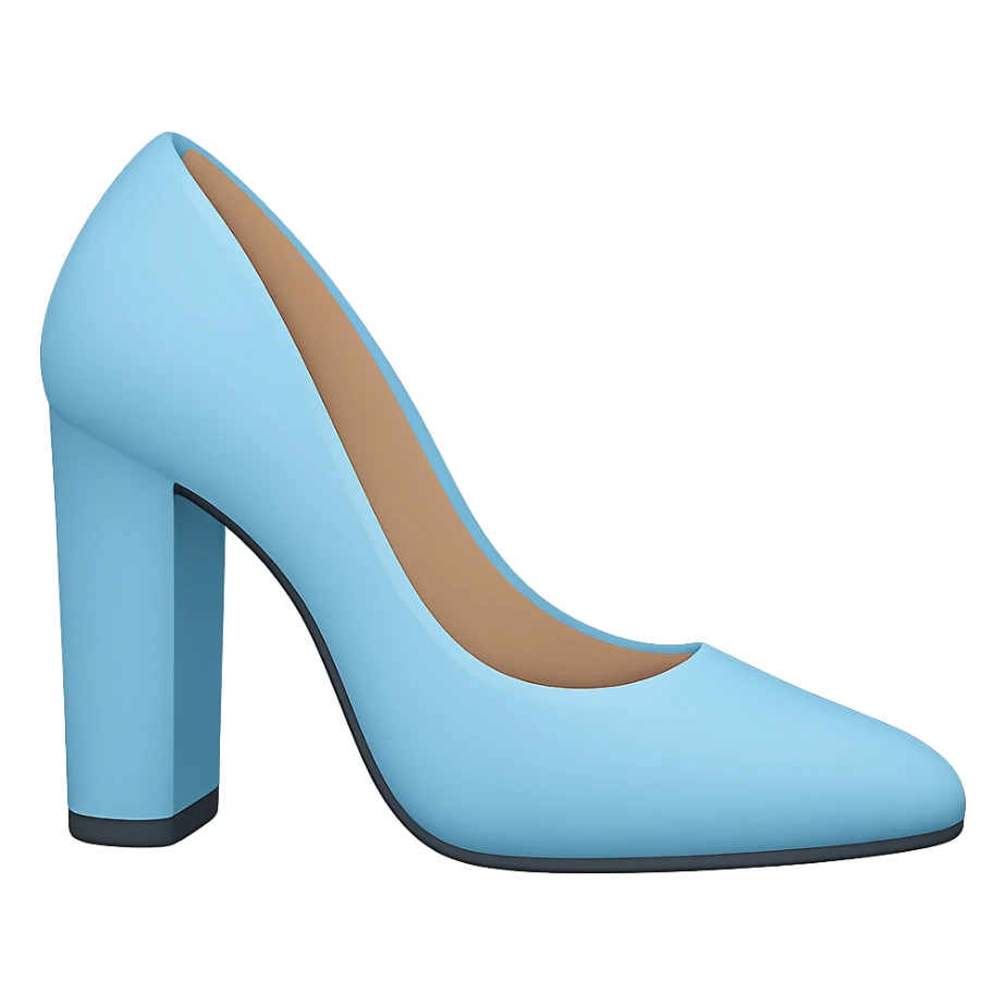 Edit the image to depict a light blue shoe with a slightly flatter and very thick heel in the style of Apple emojis. The background should be transparent. sticker