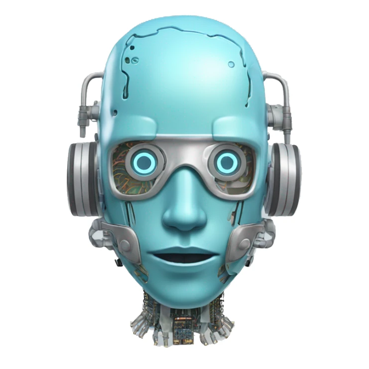 Pastel blue haired cyborg head with silver respirator mask and circuits sticker