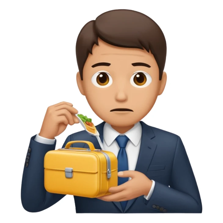 a hungry salaryman in a suit looking at an empty lunchbox sticker